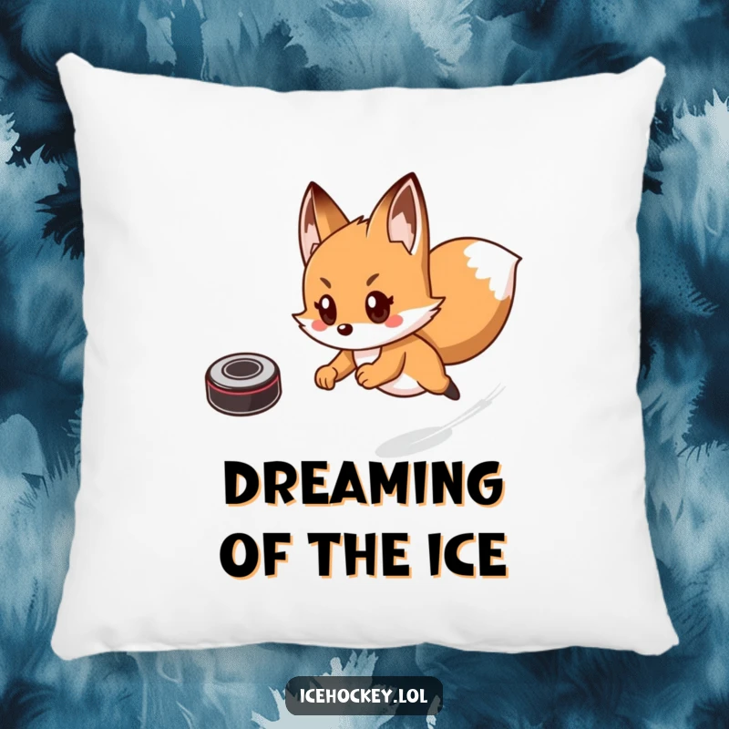 Funny pillow showcasing a playful fox comically fast as it skates enthusiastically after a hockey puck, bringing cheer.