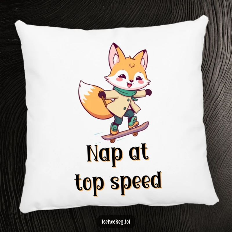 Funny Pillow featuring a joyful fox skating rapidly with its stick held high, adding a splash of color and fun.