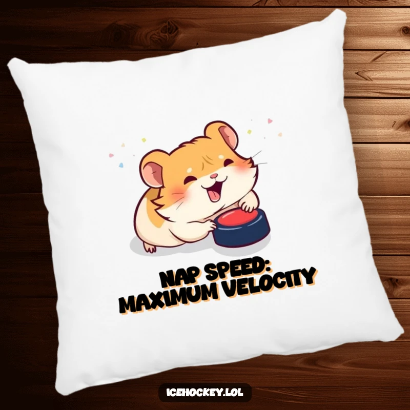 Funny pillow: A cute, giggling hamster slides on its tummy, comically pursuing a hockey puck with adorable determination.