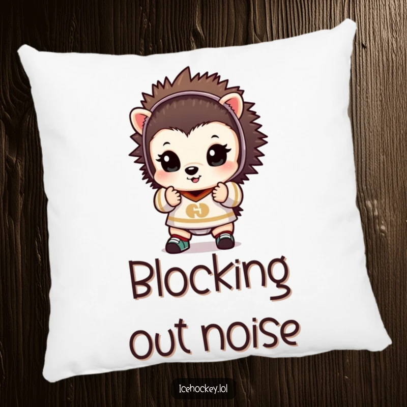 Funny pillow featuring a tiny hedgehog in goalie gear, hands up, exuding protective charm and soft humor.