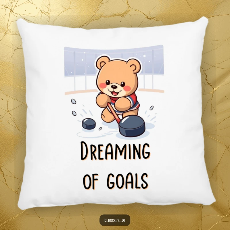 Funny Pillow with a determined bear in a powerful hockey shot stance, perfect for adding a sporty and humorous vibe.