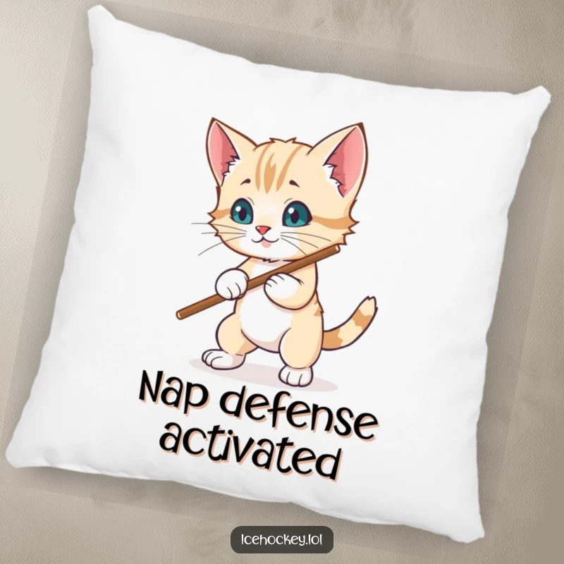 Funny pillow: A sweet, wobbly kitten uses its hockey stick to hilariously defend against a puck, looking endearingly clumsy.