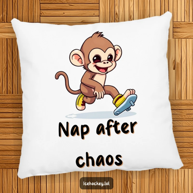 Funny pillow illustration of a mischievous monkey tripping over its ice skates. Soft and humorous.