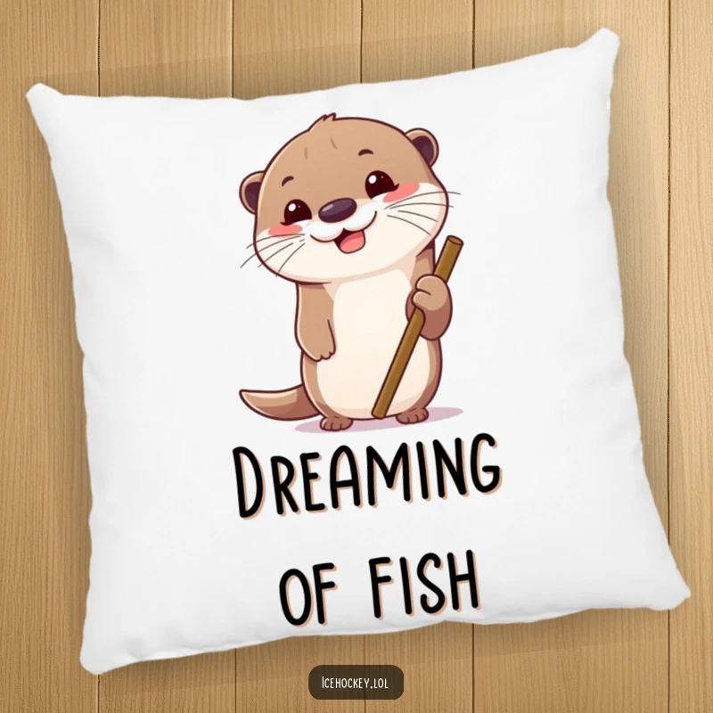 Funny pillow illustration of a cheerful otter gripping a hockey stick, looking focused. Soft and humorous.