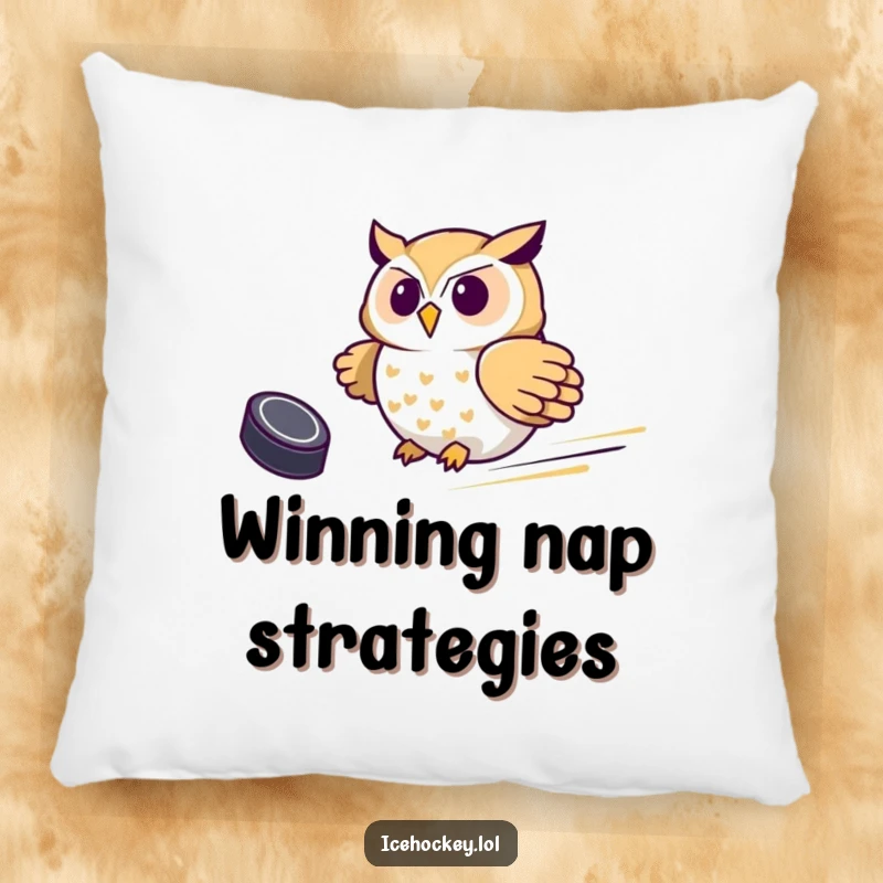 Funny Owl Hockey Pillow, depicting a proud owl sliding with a hockey puck, adding cozy comfort and sports humor.