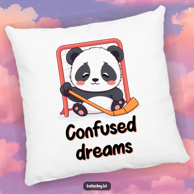 Funny pillow featuring a contented panda cub looking confused by a hockey net, bringing gentle humor to relaxation.