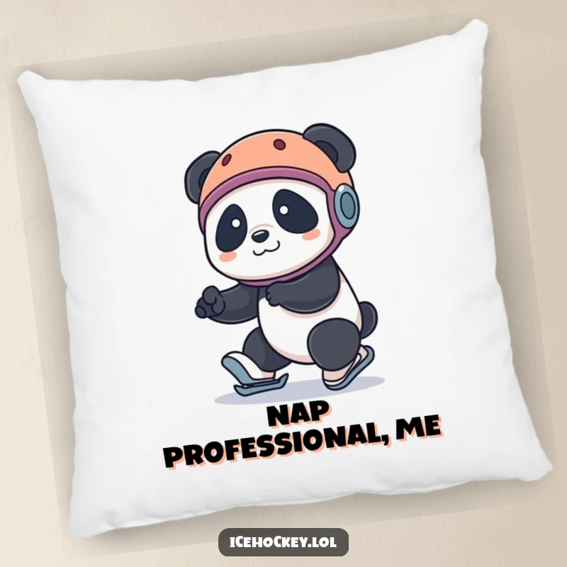 Funny panda pillow: a panda in a helmet hilariously tripping on roller skates, embodying playful clumsiness and heartwarming fun.