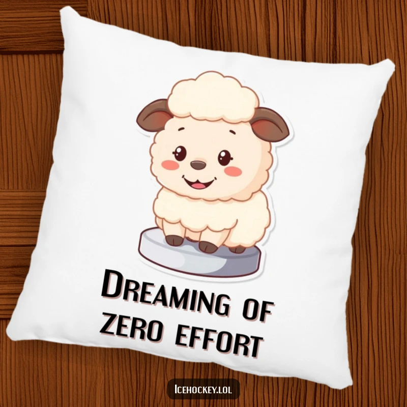 Funny Sheep Pillow featuring a fluffy cartoon sheep blocking a puck with a big smile, designed for cozy comfort.