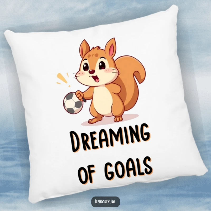 Funny pillow showcasing a surprised squirrel narrowly missing a soccer goal with a shot, adding cushiony humor.