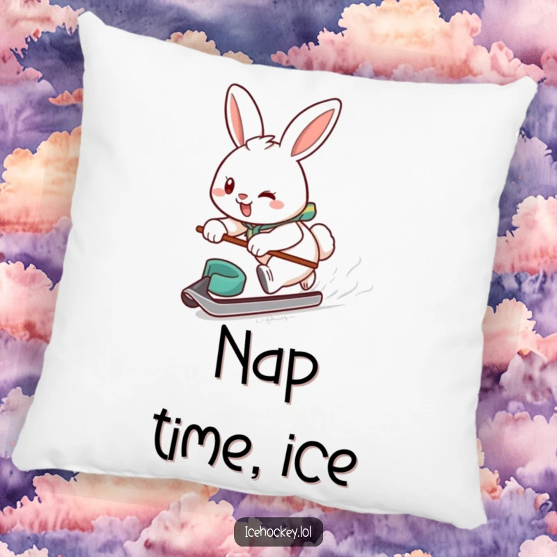Funny pillow showcasing a smiling, determined bunny gliding rapidly across ice with a puck, a playful hockey player.