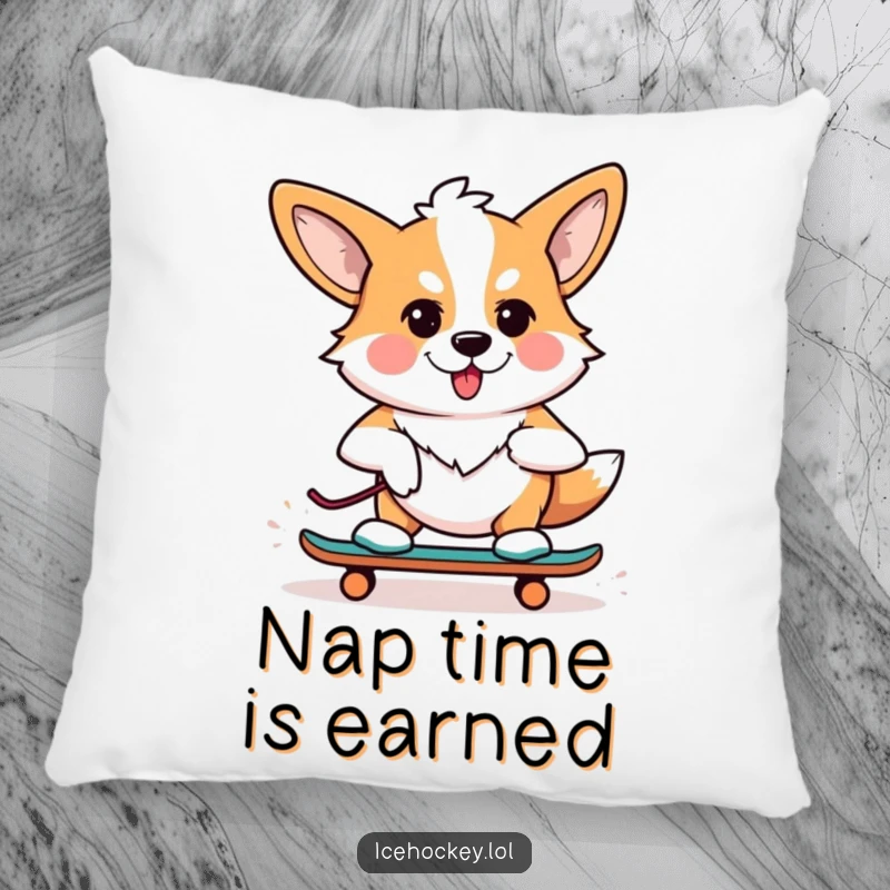 Funny pillow featuring a determined corgi in roller skates, ready to roll, adding humor and comfort to any space.