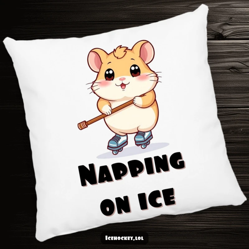 Funny pillow with a plump hamster, wide eyes, balancing on skates and holding a stick, bringing cozy humor.