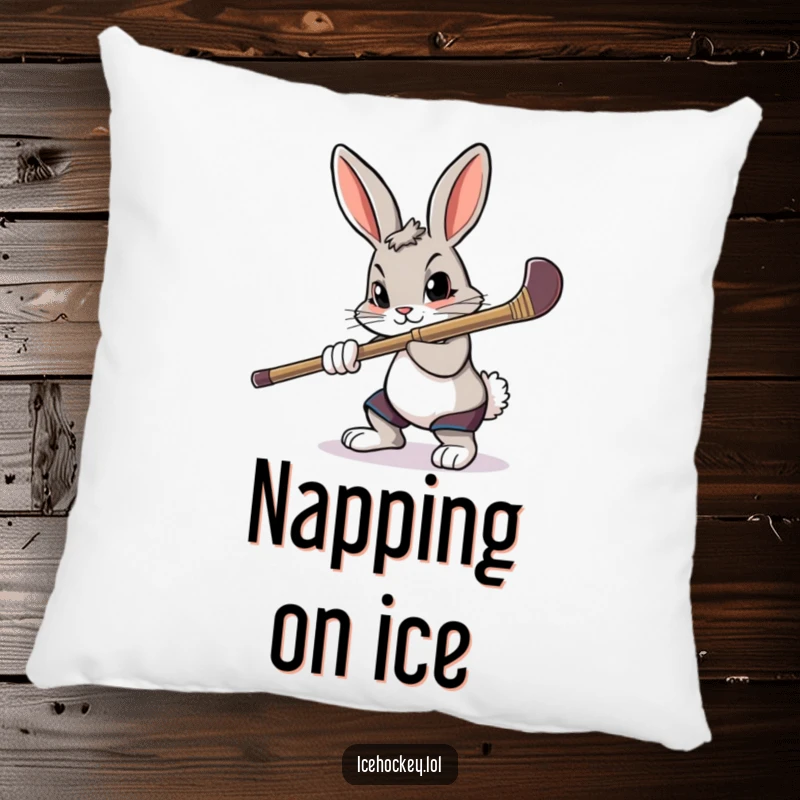 Funny pillow featuring a determined rabbit intensely aiming a hockey stick.