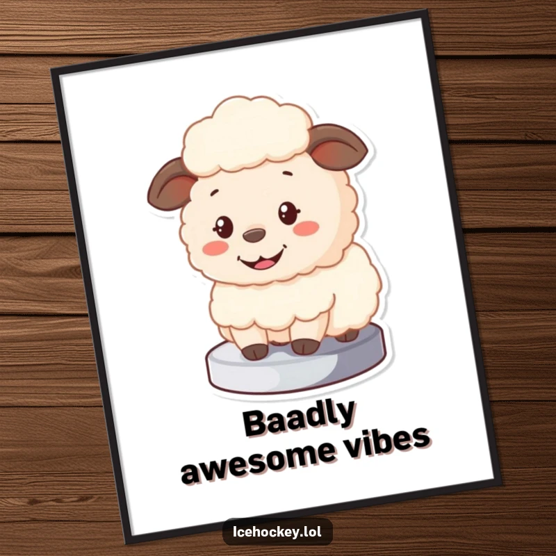 Funny Sheep Digital Art Print of a fluffy cartoon sheep blocking a puck with a big smile, ready for download.