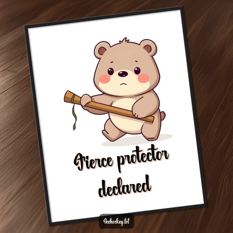 Funny Bear Hockey Digital Art Print: A proud bear guards the net with a large stick, creating a humorous and spirited piece of art.