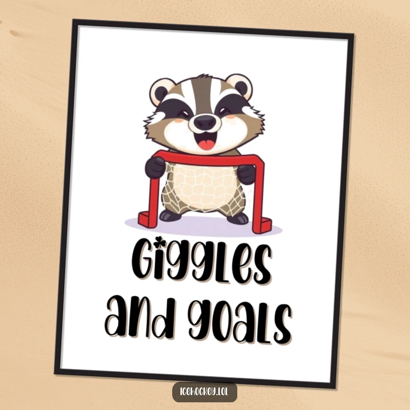 Funny digital art print of a giggling badger fiercely guarding a miniature hockey net with intense, comical determination.
