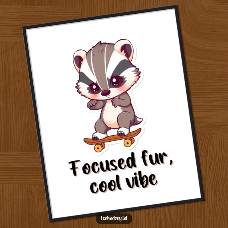 Funny Digital Art Print of a badger skating with intense focus, providing instant humorous and athletic wall decor.