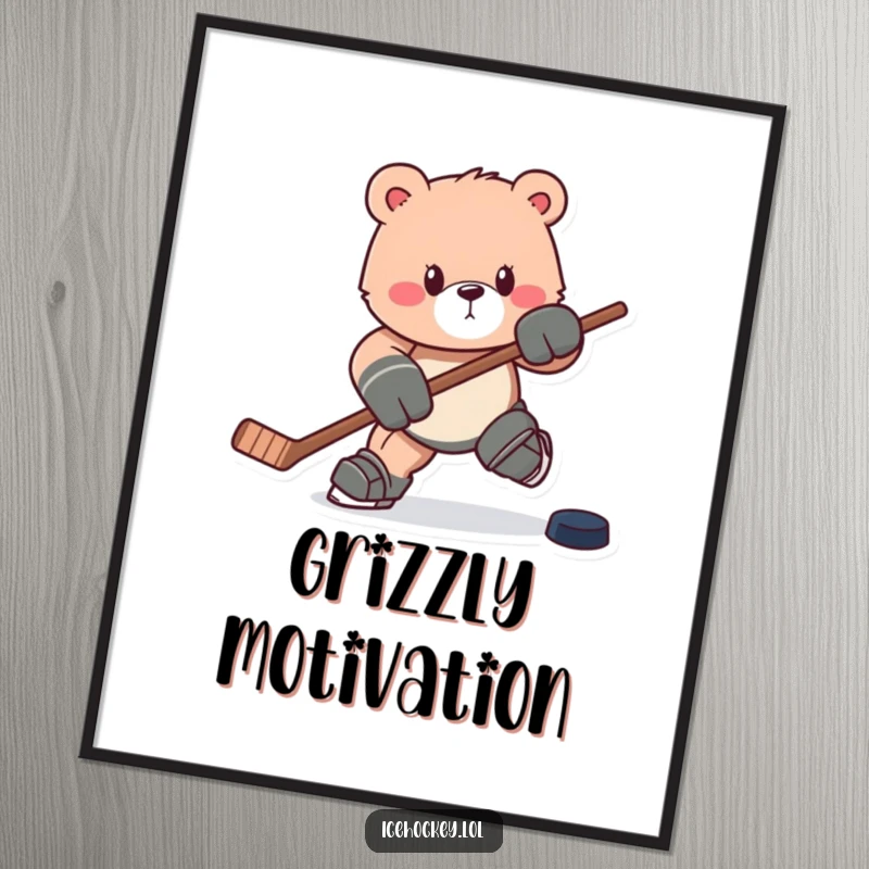 Funny digital art: A determined bear charges forward with a hockey stick and puck, embodying raw power and focus.