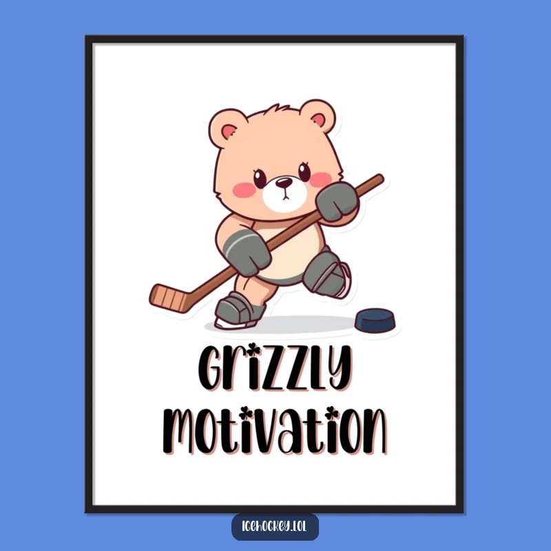 Funny Bear Hockey Digital Print: Charging Bruin with Stick & Puck, Instant Humor Gift