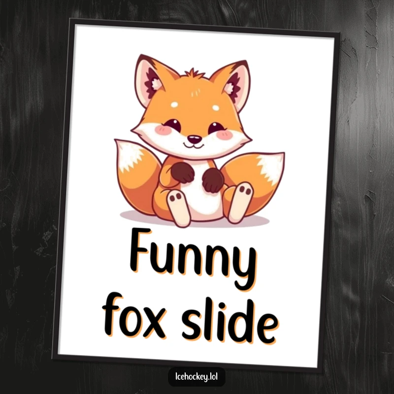 Funny digital art print of a playful fox in tiny hockey pads, sliding into a hilarious, dynamic pose.