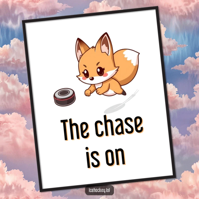 Funny digital art print of a determined fox skating with lightning speed, playfully chasing a hockey puck, full of action.