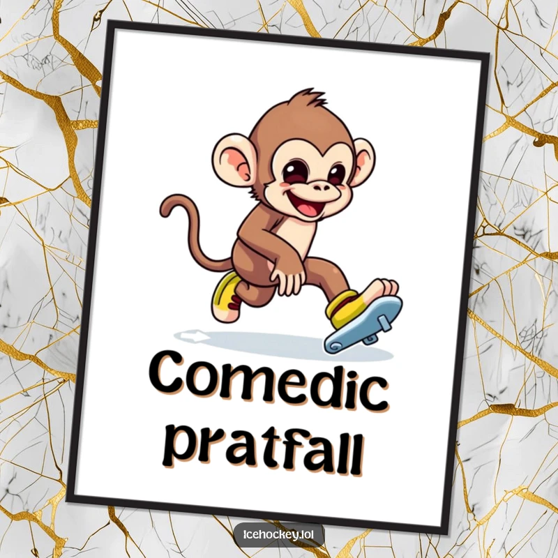 Funny digital art print of a mischievous monkey tripping over ice skates. High-resolution humorous illustration.