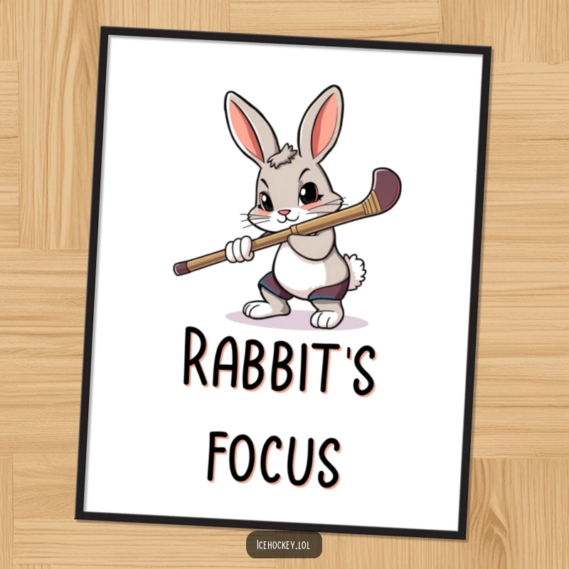 Funny digital art print of a determined rabbit intensely aiming a hockey stick with laser-like focus.
