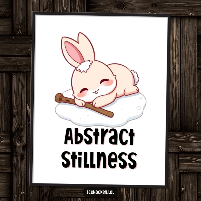 Funny digital art print of a smiling rabbit fallen on ice skates, stick dropped. High-resolution humorous illustration.