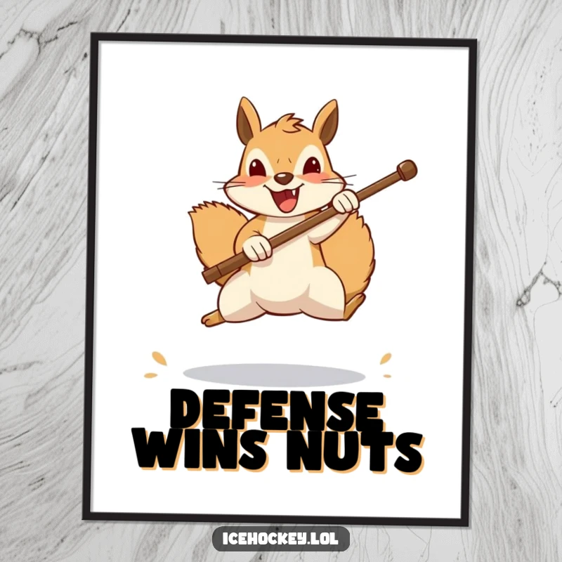 Funny squirrel digital art print, a cheerful squirrel leaping to block a shot with its stick, capturing a humorous and dynamic sports moment.