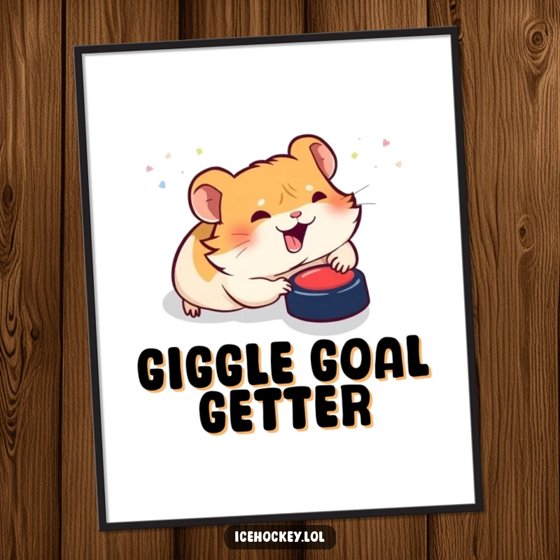 Funny digital art: A giggling hamster slides on its belly, comically in pursuit of a hockey puck, ready for framing.