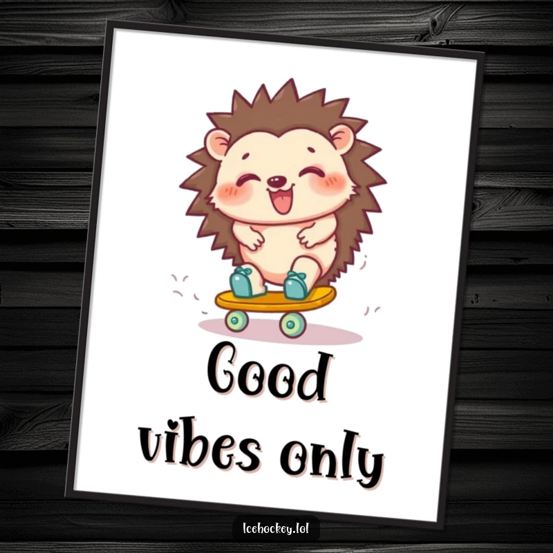 Funny hedgehog digital art print: a giggling hedgehog wobbling on roller skates, capturing a moment of pure, comical fun and determination.