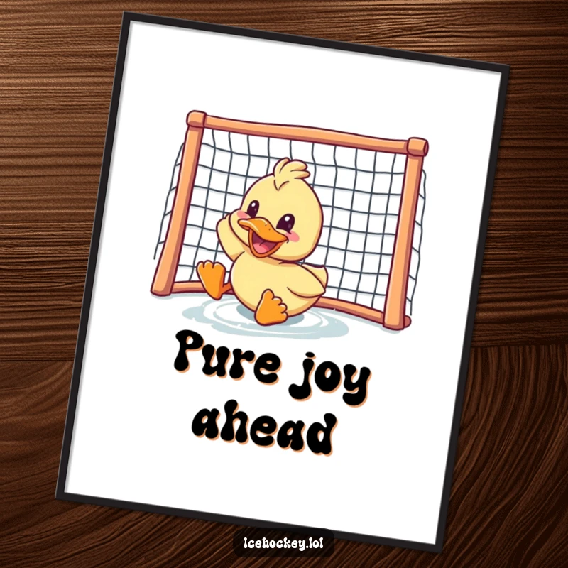 Funny duck digital art print: a jubilant duck with a wide grin sliding across ice towards a hockey net, capturing athletic fun.