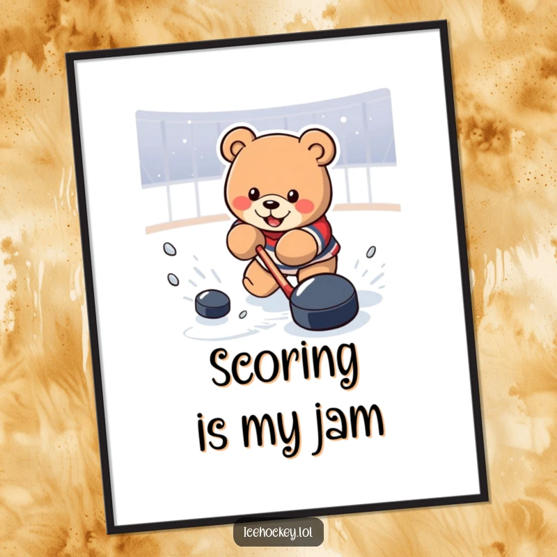 Funny Digital Art Print of a determined bear powerfully shooting a hockey puck towards the net, ideal for digital display.