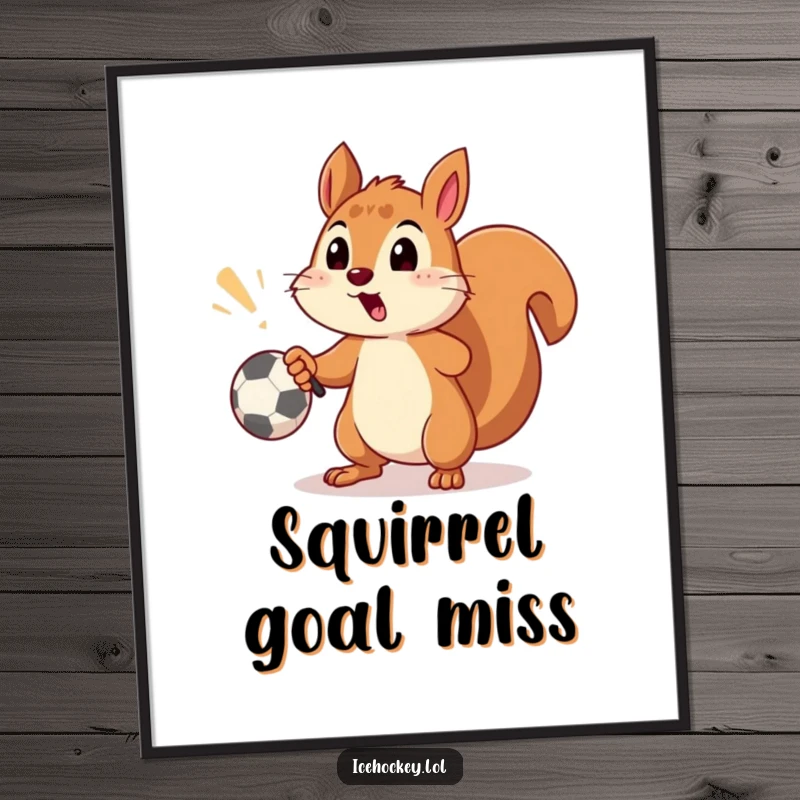 Funny digital art of a surprised squirrel comically missing a soccer goal with a shot, a humorous sports illustration.