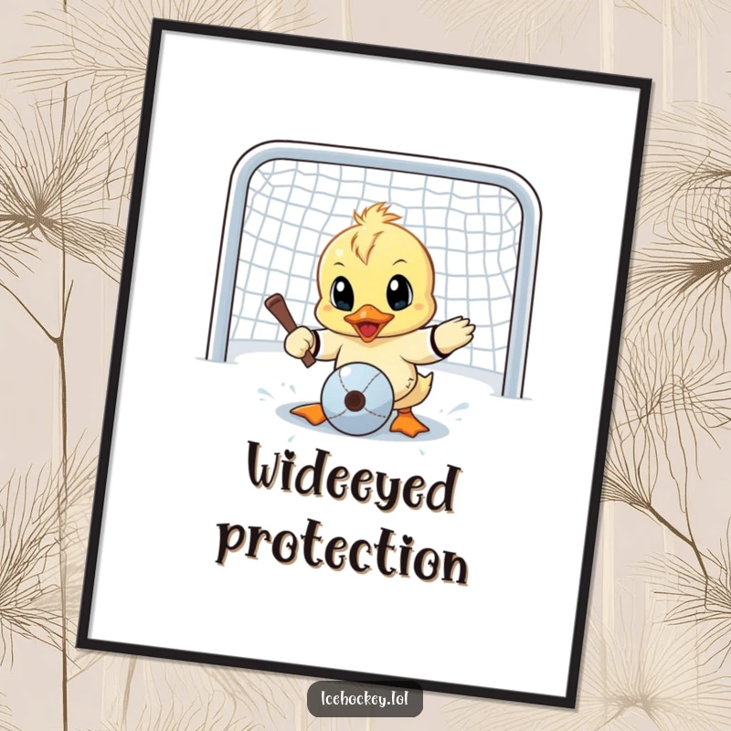 Funny digital art print of a determined little duck making a wide-eyed goalie save, bringing humorous and cute decor.