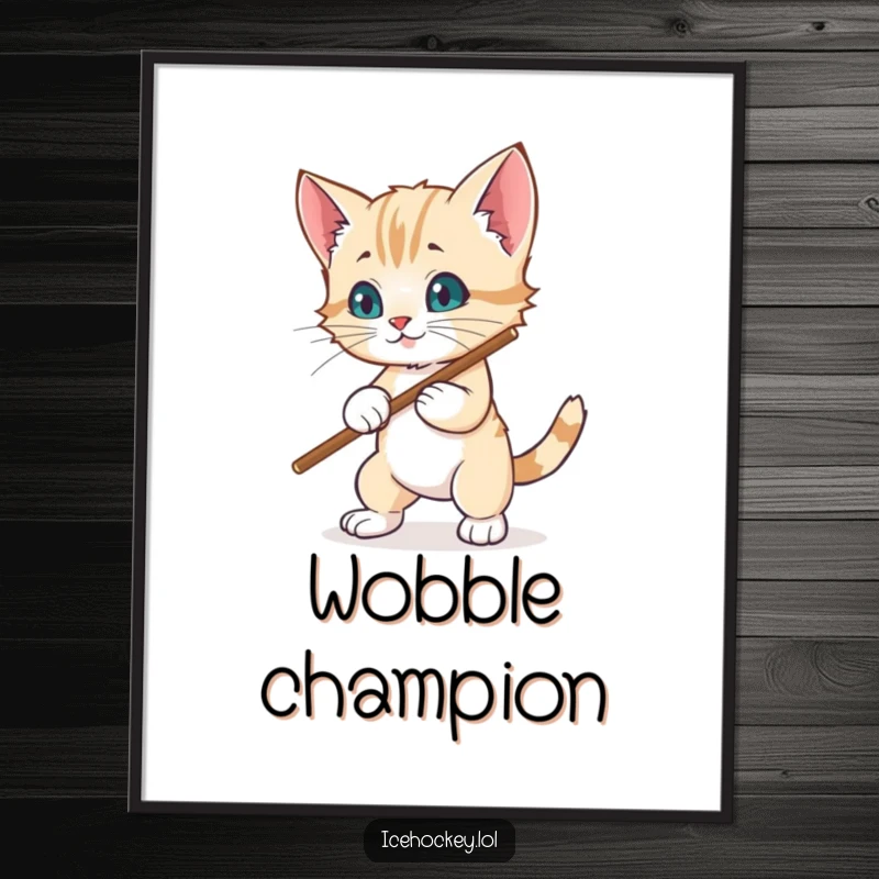 Funny digital art: A wobbly kitten tries to block a hockey puck with its stick, looking hilariously determined and cute.