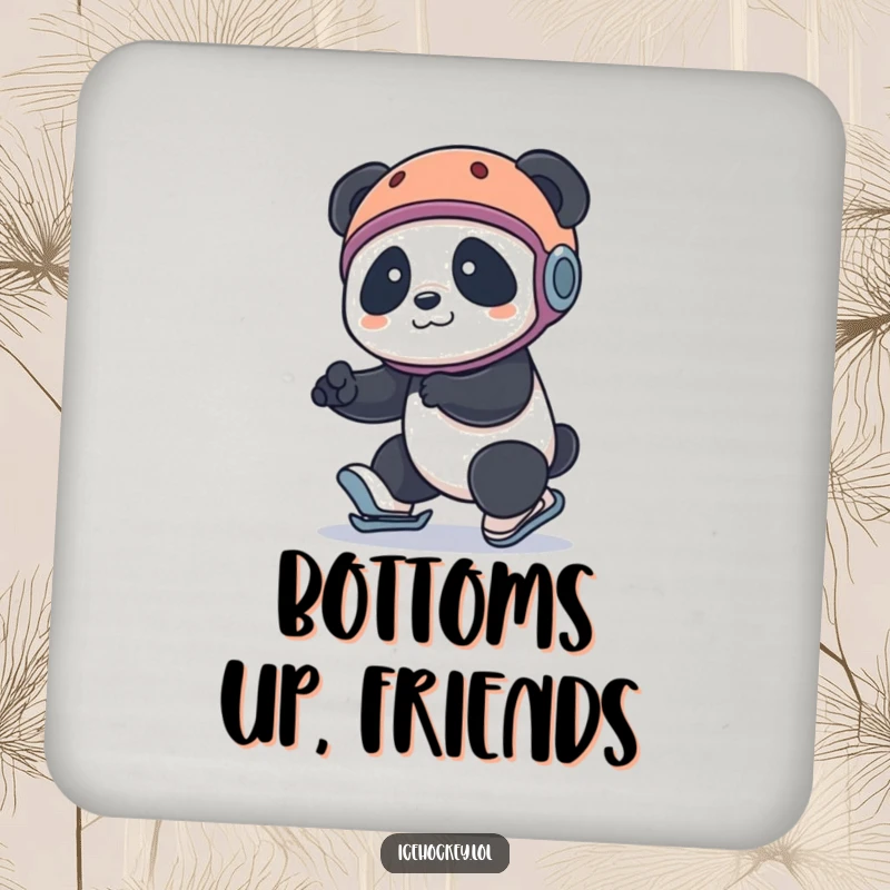 Funny panda coaster: a panda in a helmet hilariously tripping on roller skates, adding humor to drink protection.
