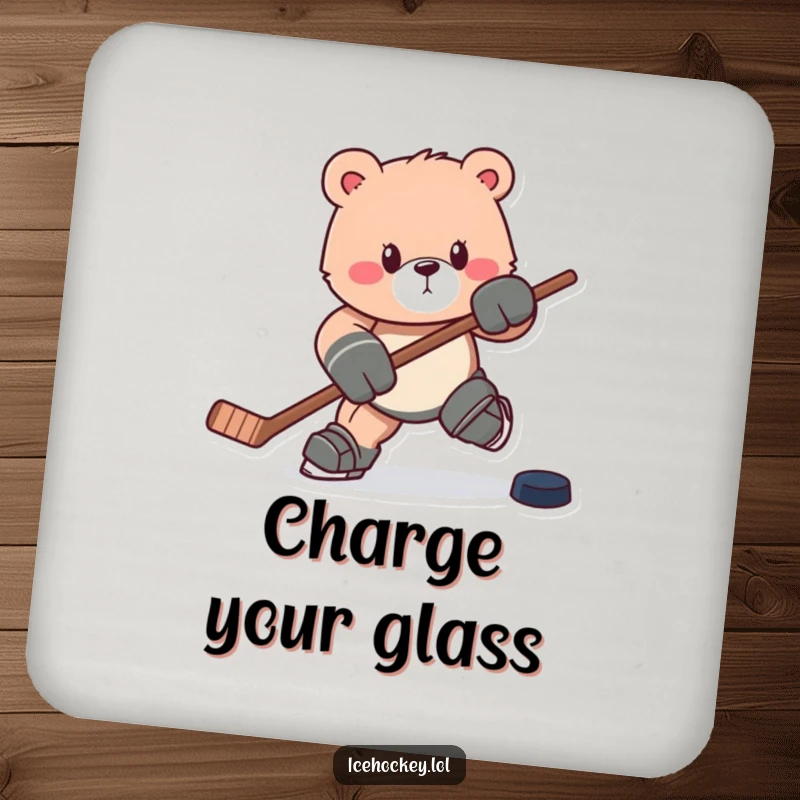 Funny coaster: A determined bear charges forward with a hockey stick and puck, ready to hold your drink.