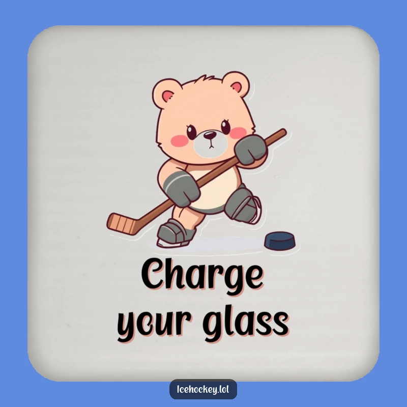 Funny Bear Hockey Coaster: Charging Bruin with Stick & Puck, Tabletop Humor Gift