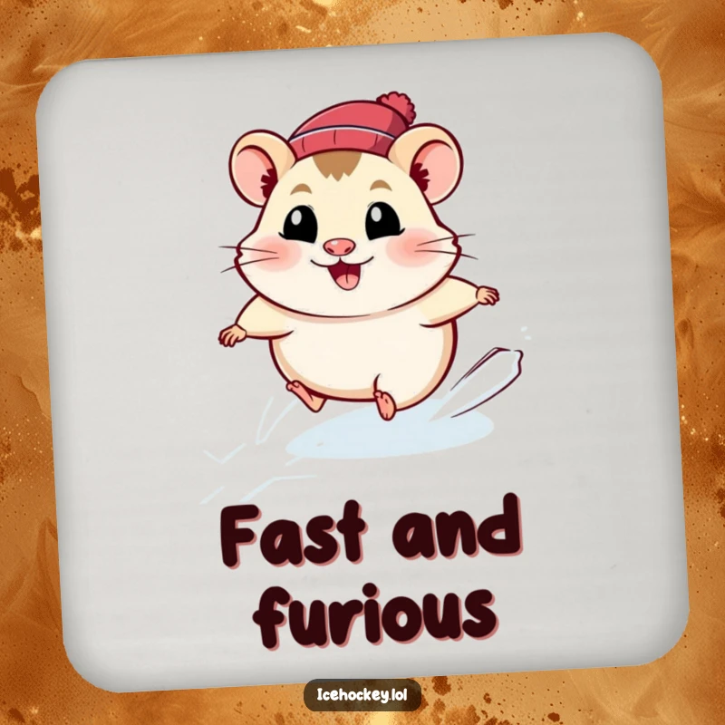 Funny hamster coaster with a smiling, fast-moving hamster ice skating, a humorous and protective tabletop accessory.