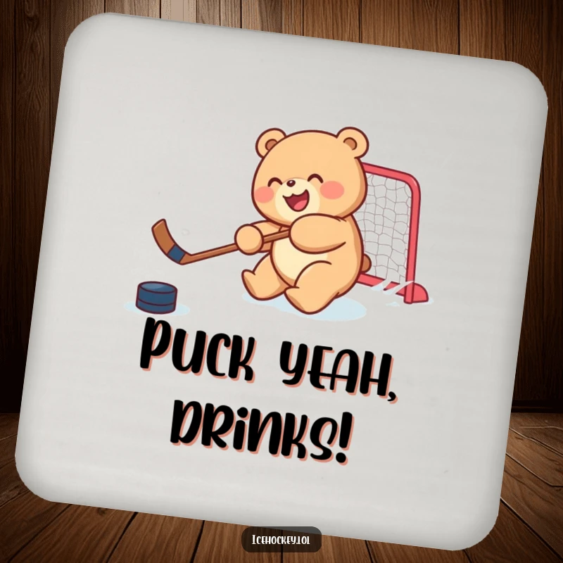 Funny drink coaster featuring a joyful, round bear cub skillfully shooting a hockey puck, providing humorous surface protection.