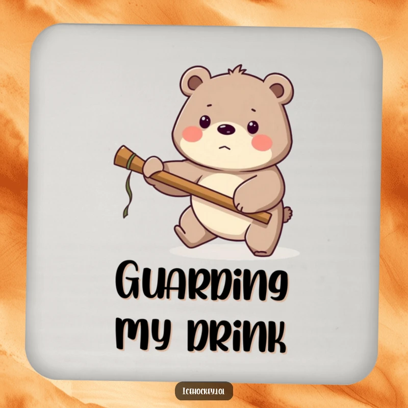 Funny Bear Hockey Coaster: A proud bear guards the net with a large stick, offering a humorous and protective surface for drinks.