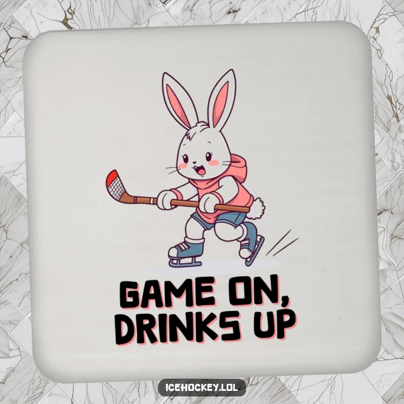 Funny drink coaster with an enthusiastic bunny skating with a hockey stick, offering humorous protection for surfaces.