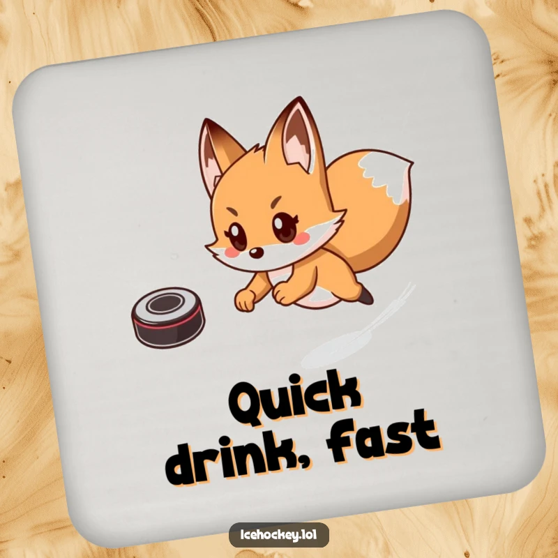 Funny drink coaster showing a playful fox skating at high speed, comically chasing a hockey puck, adding humor to any surface.