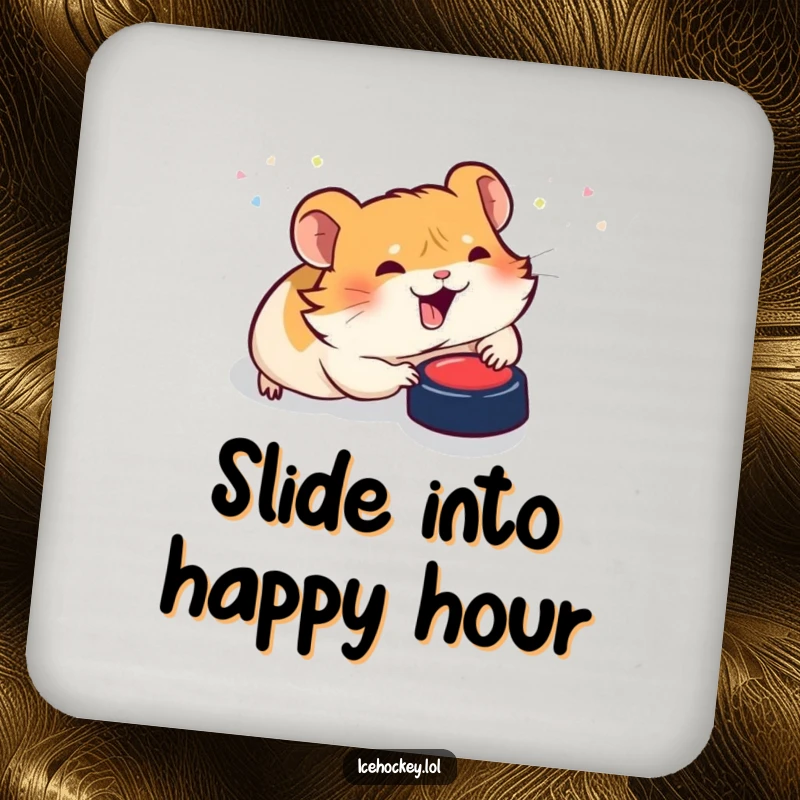 Funny coaster: A giggling hamster slides on its belly, comically pursuing a hockey puck, ready to hold your drink.