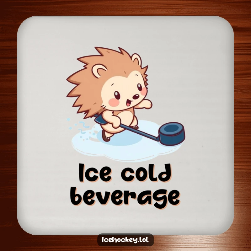 Funny drink coaster featuring a hedgehog zipping across ice with a puck, adding humor to surface protection.