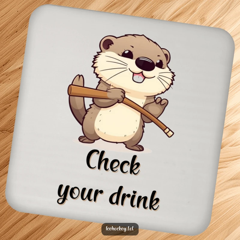 Funny drink coaster featuring a happy, fluffy otter aggressively checking an opponent with a hockey stick, providing humorous surface protection.