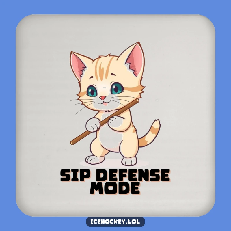 Funny Kitten Hockey Coaster: Wobbly Blocker Defends Goal, Tabletop Humor Gift