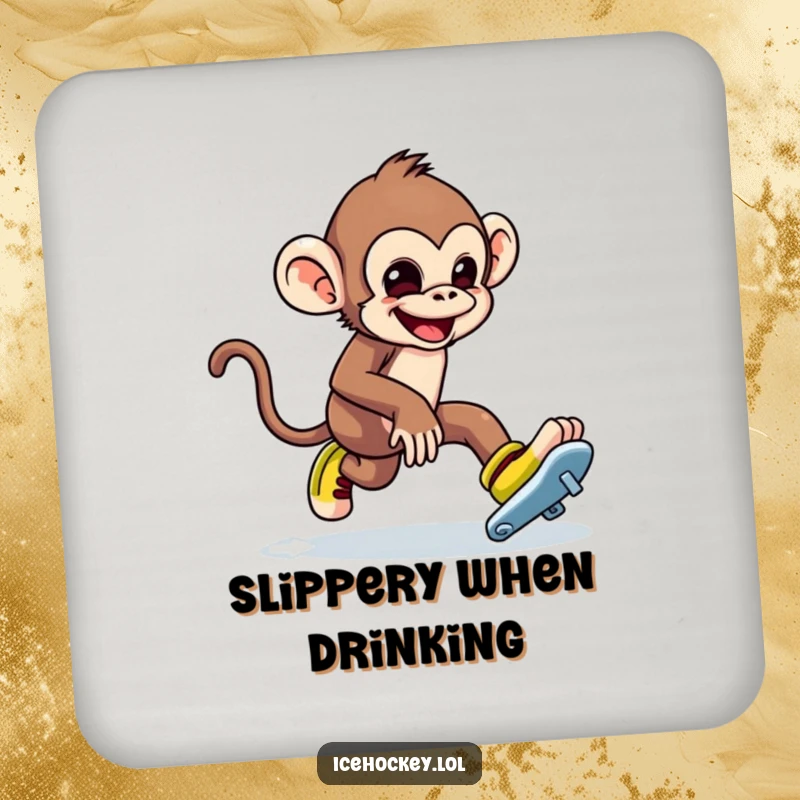Funny coaster depicting a mischievous monkey tripping over its ice skates. Humorous table protector.