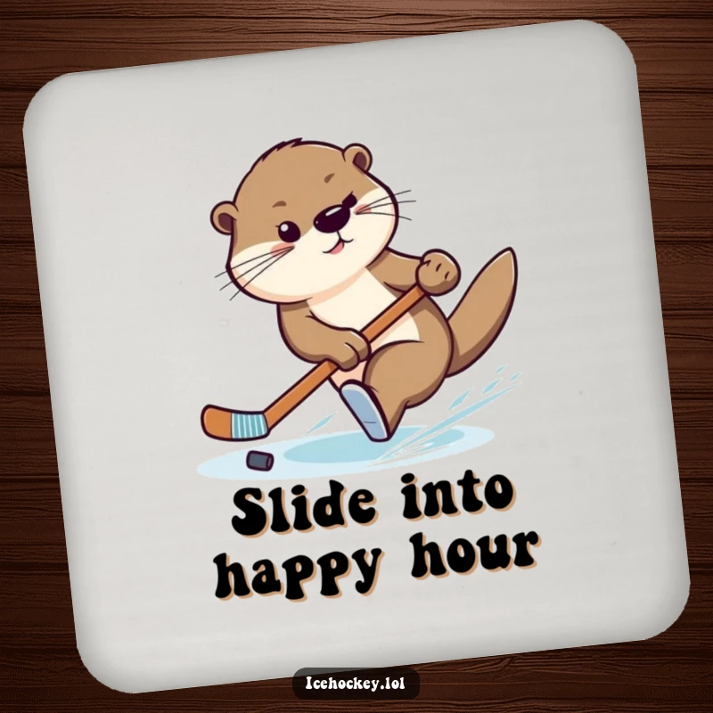 Funny drink coaster with a graceful otter doing a swift turn with a hockey stick, bringing slick humor to surfaces.